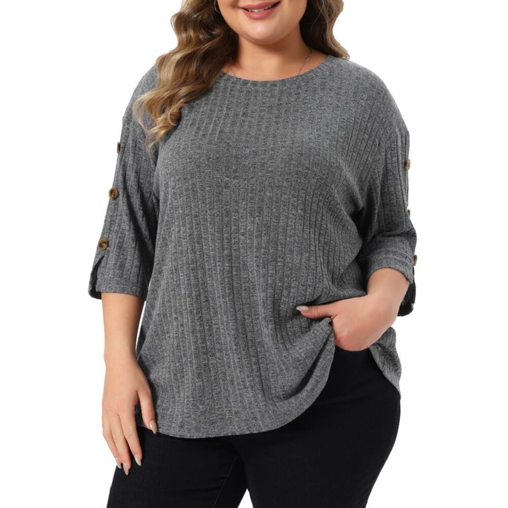 Women Plus Size Crew Neck Slit 3/4 Sleeve Knit Tops Grey